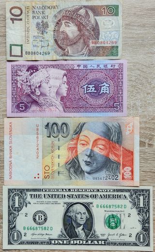 Banconote varie: 10 Zł, 5 Yuan, 100 SK, 1 $
