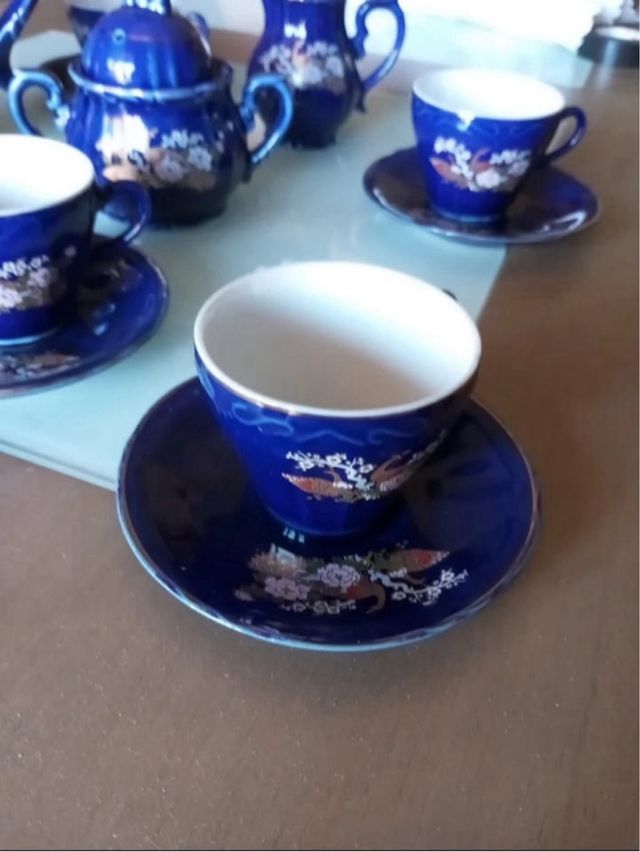 Juego té porcelana azul - 9 Piezas