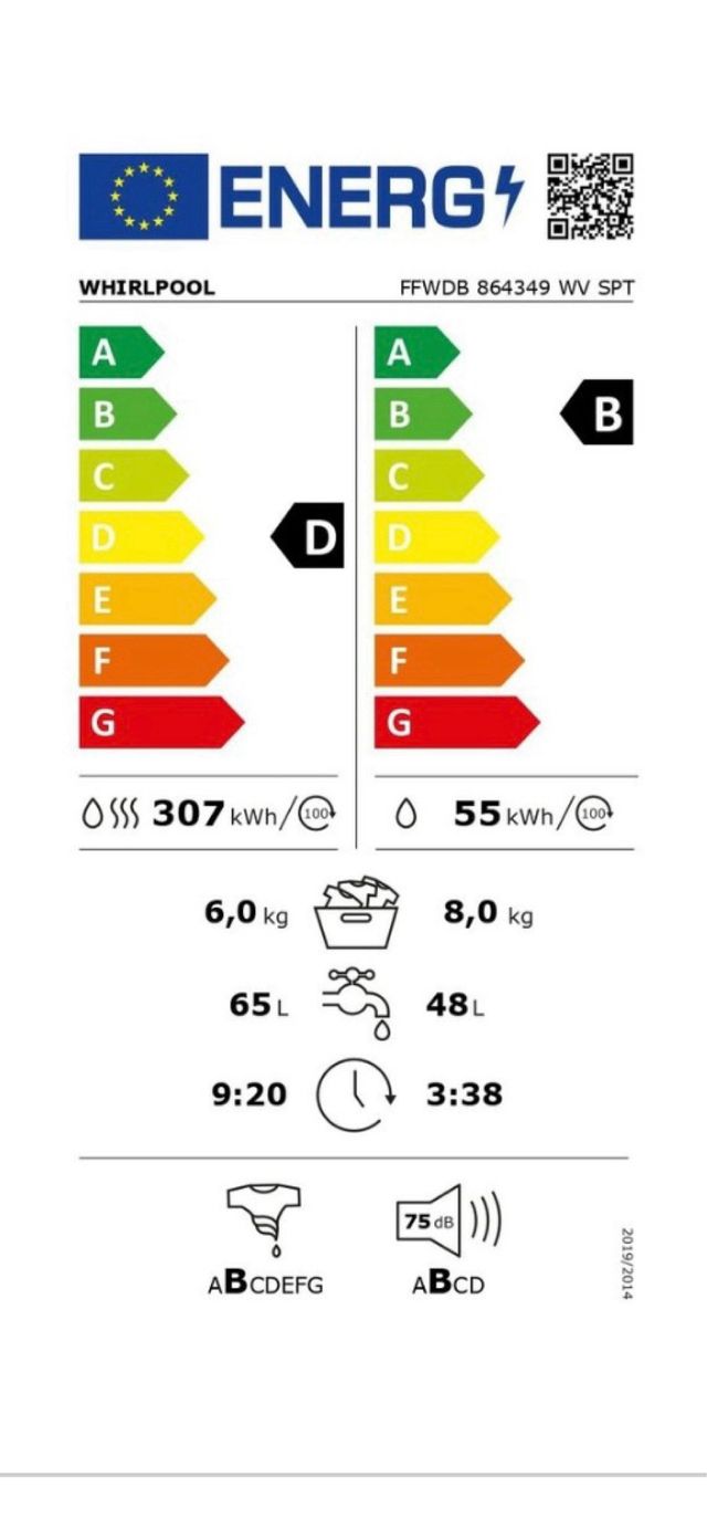 Lavasecadora Whirlpool FFWDB864349WV, 8/6 kg, Carga Frontal, Eficiencia D - Blanco