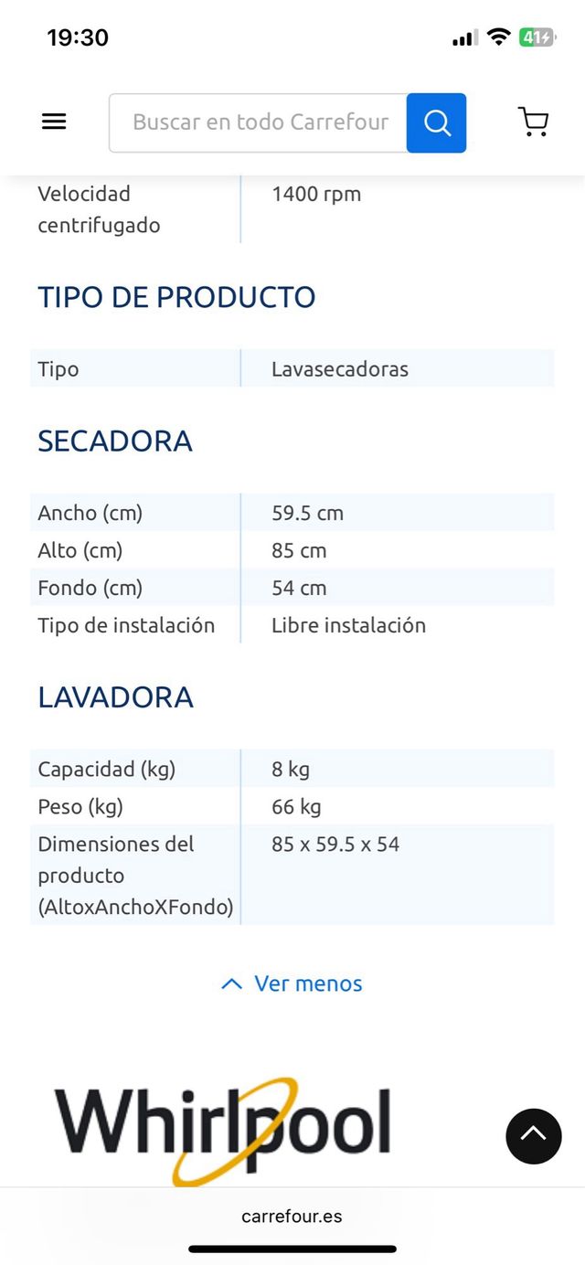 Lavasecadora Whirlpool FFWDB864349WV, 8/6 kg, Carga Frontal, Eficiencia D - Blanco