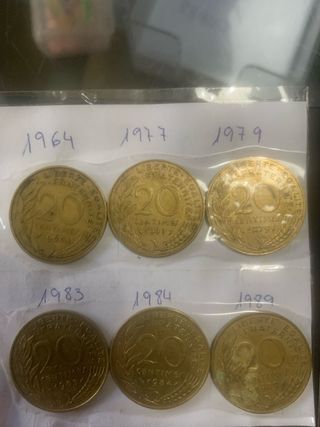 6️⃣€ 6 Monedas NO Negociables Francesas 20 Céntimos