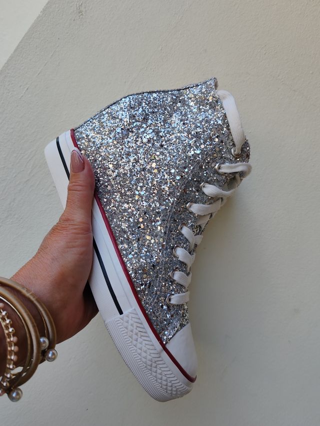 Sneakers con zeppa interna glitter argento alte