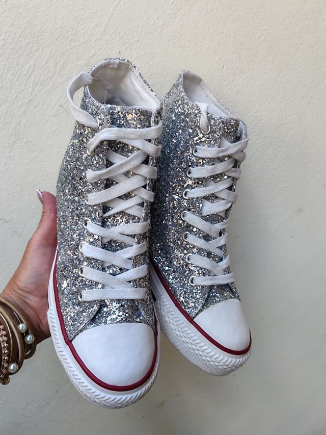 Sneakers con zeppa interna glitter argento alte