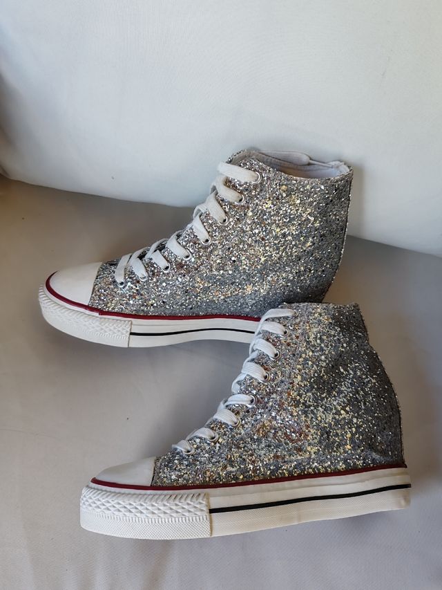 Sneakers con zeppa interna glitter argento alte