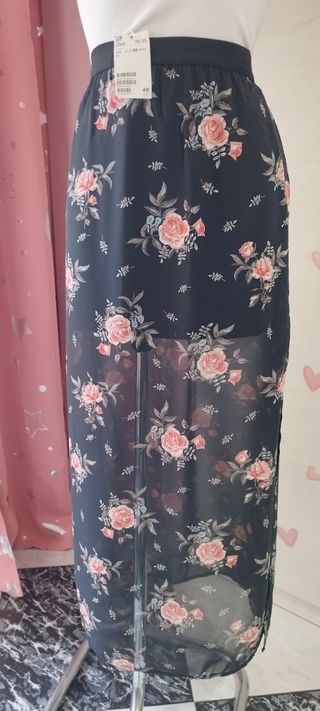 Falda midi H&M flores negra 