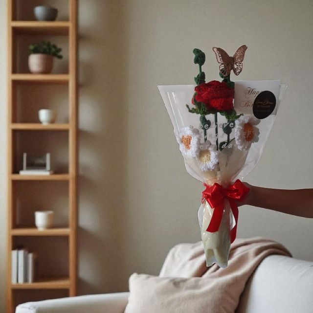 Ramo crochet: flores rojas y blancas