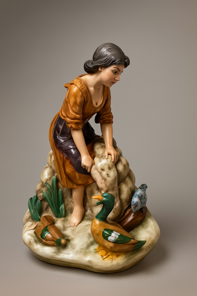 Figura porcelana mujer alimentado patos