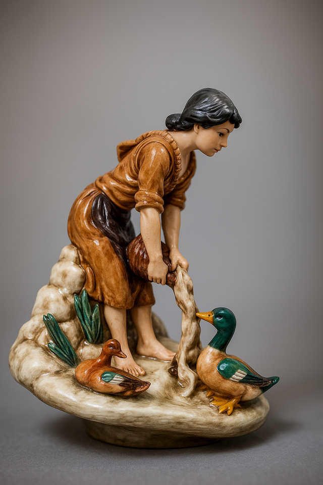 Figura porcelana mujer alimentado patos