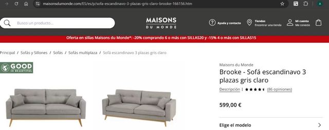 -50% Sofá 3 plazas Maisons du Monde gris 599€