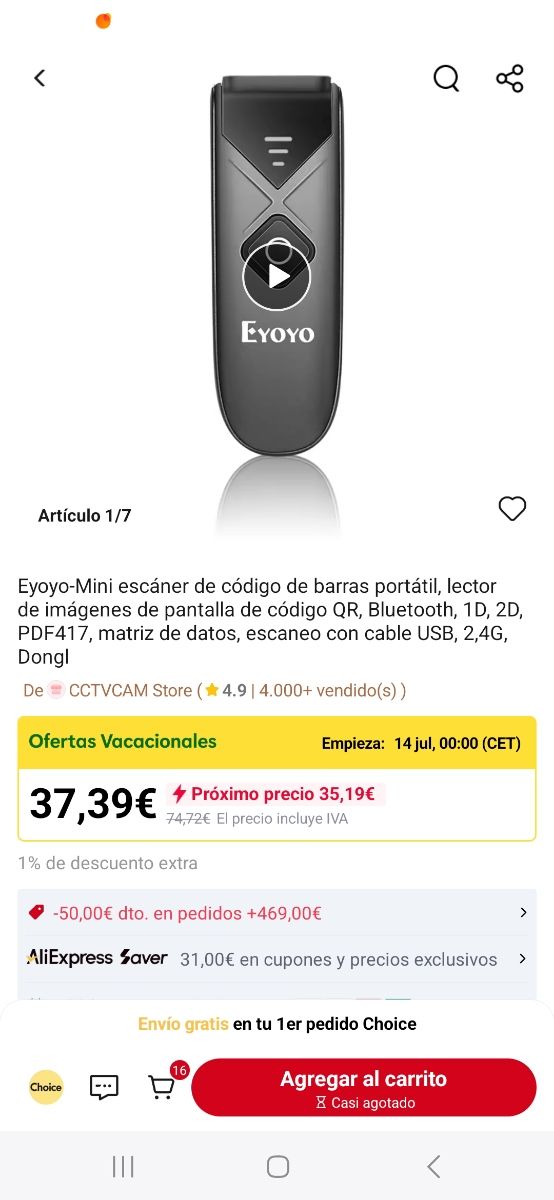 Escáner código barras portátil