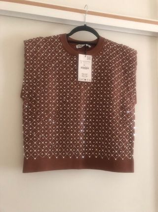 Top chaleco Zara marrón con pedrería - Talla