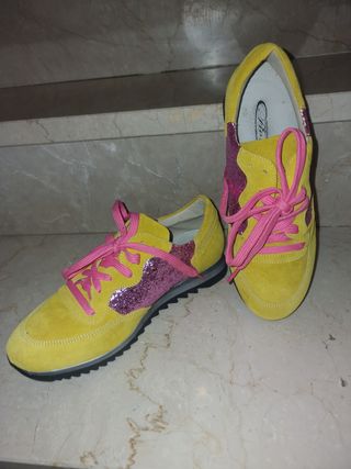Sneakers donna glitter rosa-giallo