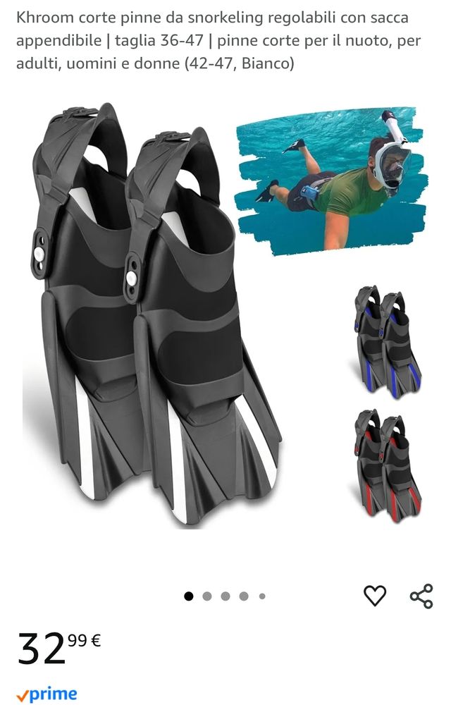 Set snorkeling e sub: maschera, pinne, boccaglio