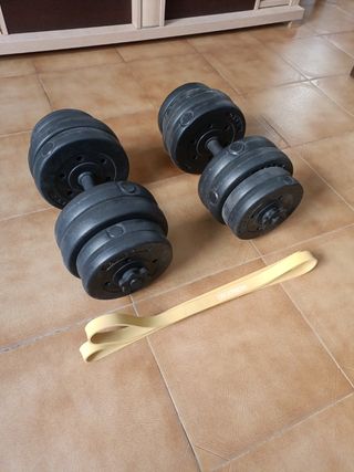 Mancuernas ajustables + goma elástica