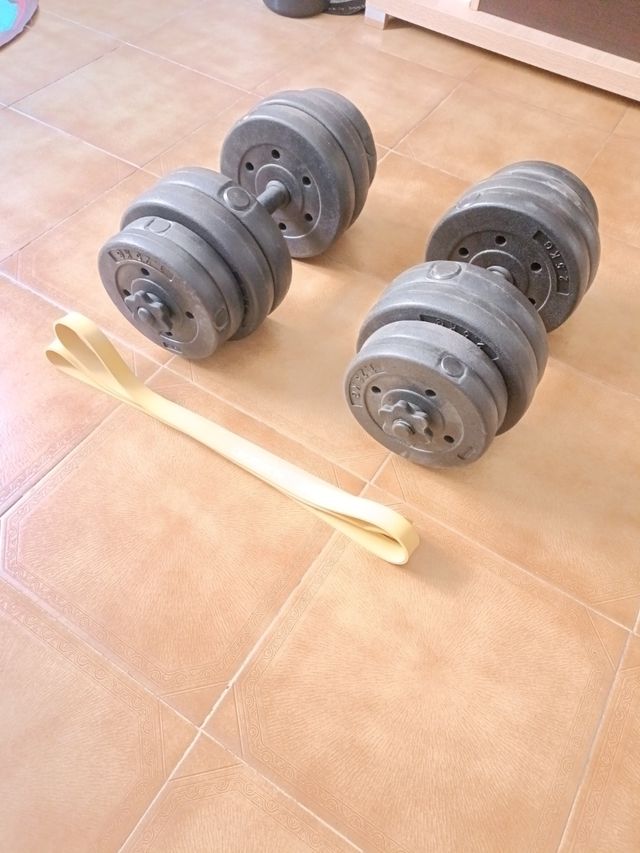 Mancuernas ajustables + goma elástica