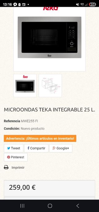Microondas Teka integrable 25L
