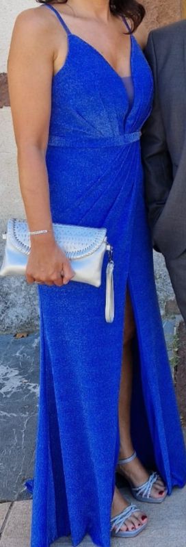 Vestido azul metalizado boda 