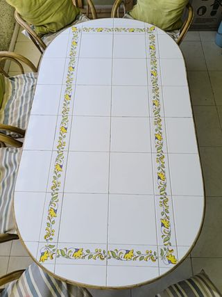 Mesa terraza + 6 sillas metal y madera.