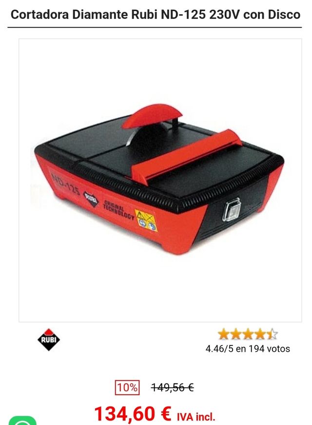 Cortadora de cerámica al agua Rubi ND-125