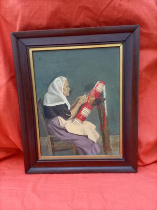 Cuadro al óleo: anciana tejiendo encaje