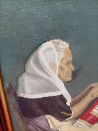 Cuadro al óleo: anciana tejiendo encaje