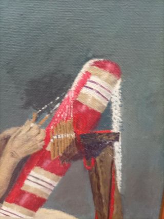 Cuadro al óleo: anciana tejiendo encaje