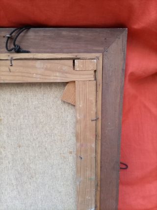 Cuadro al óleo: anciana tejiendo encaje