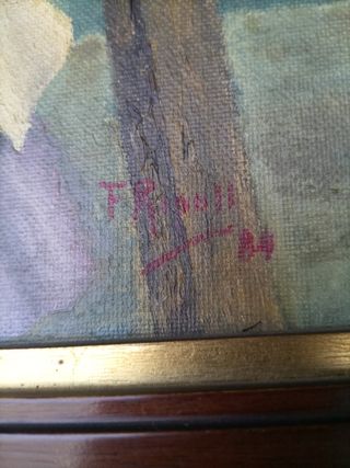 Cuadro al óleo: anciana tejiendo encaje