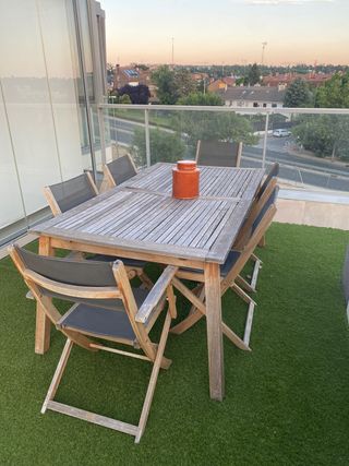 Mesa exterior teca - 7 sillas dos con brazos