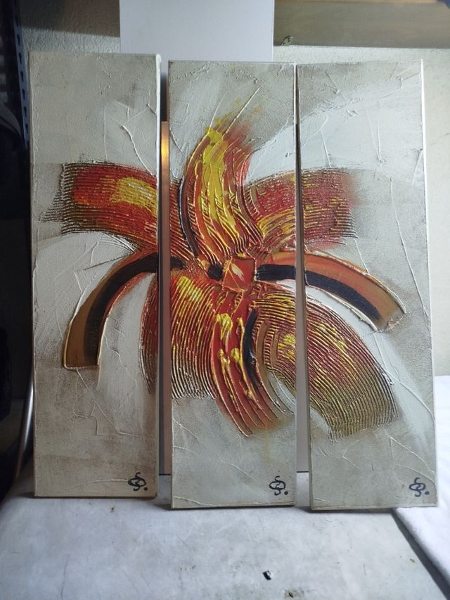 Tríptico abstracto naranja y blanco