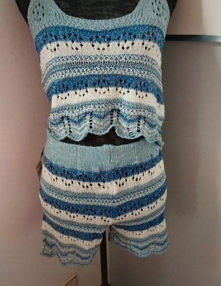 Conjunto crochet azul y blanco talla S