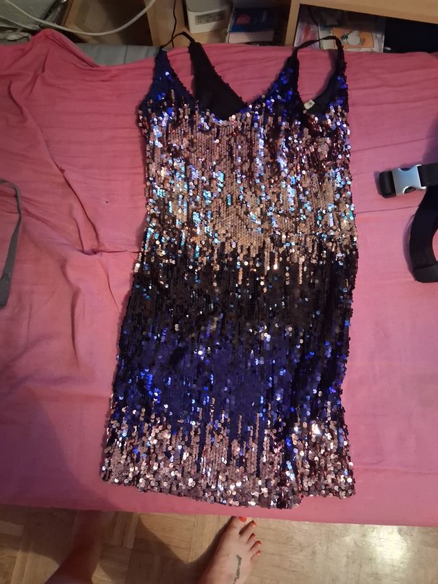 Vestido lentejuelas dorado-azul M