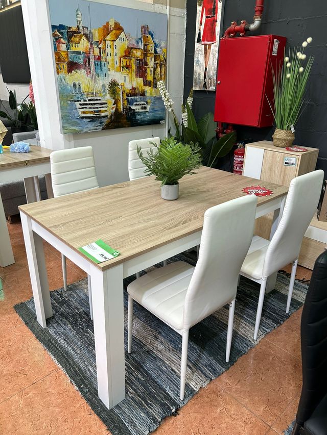 Mesa comedor + 4 sillas blanco-madera