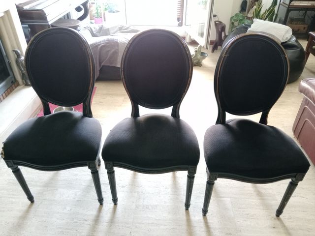 3 Sillas Comedor Luis XVI - Negro/madera aviejada