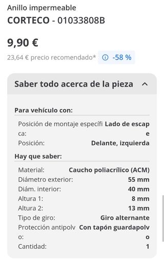 Retén CORTECO 01033808B - Eje Diferencial Izquierd