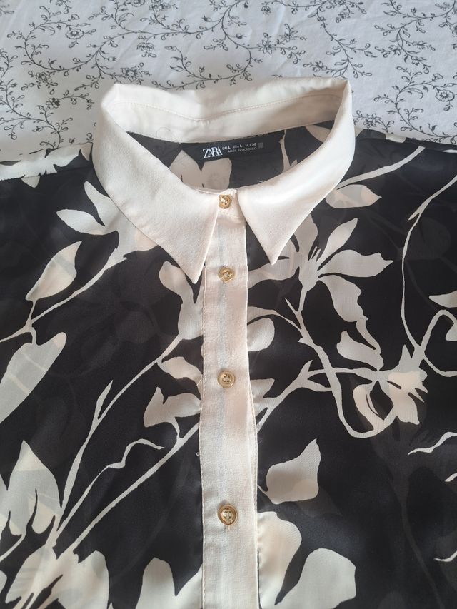 Camisa Zara L - Flores Blanco&Negro