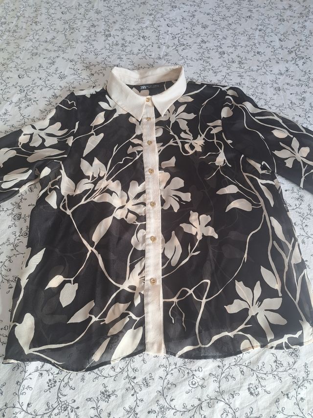 Camisa Zara L - Flores Blanco&Negro