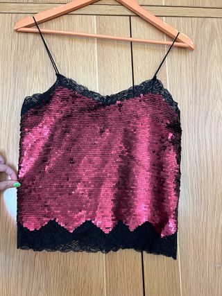 Blusa de tirantes lentejuelas rojo-negro