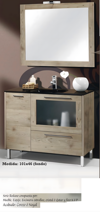 Mueble baño madera 100 lavabo extrafino y espejo