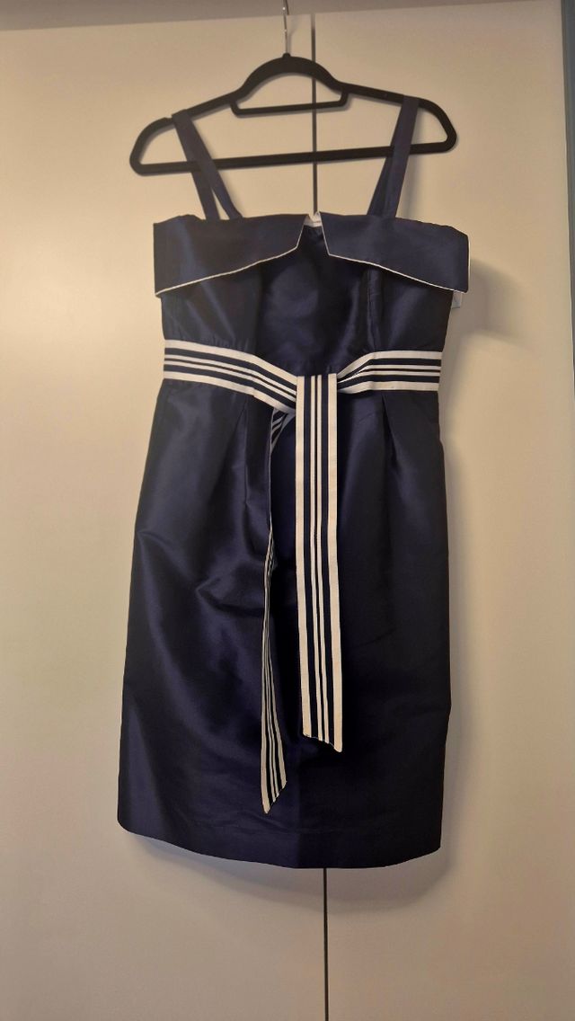 Vestido azul marino - Lazo blanco ralla azul