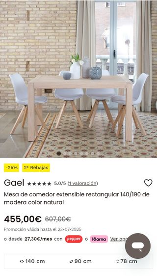 Mesa comedor extensible Gael 140/190cm