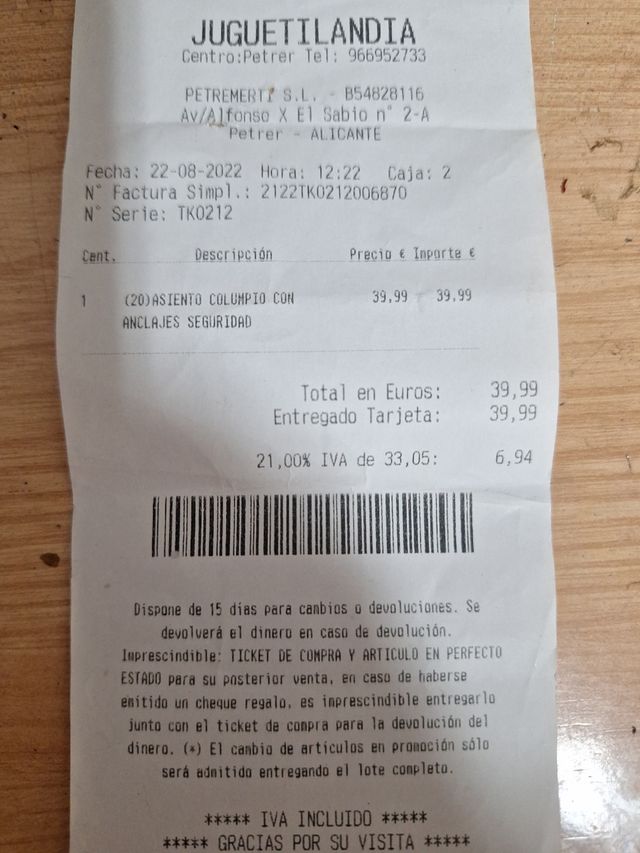 Columpio infantil asiento bebé