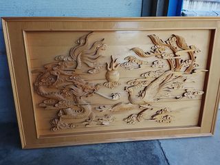 Cuadro madera tallado dragón fénix