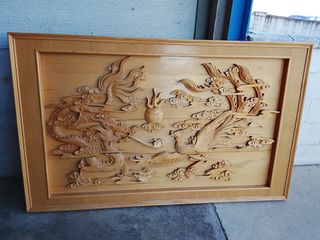 Cuadro madera tallado dragón fénix
