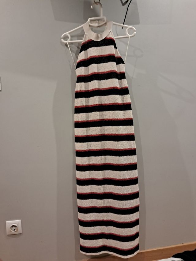 Vestido rayas beige, rojo y azul marino 