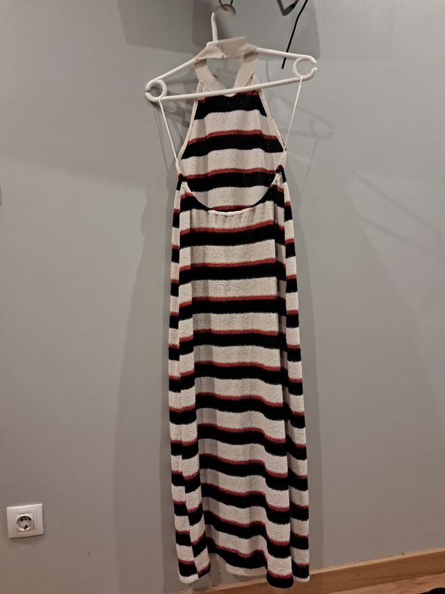 Vestido rayas beige, rojo y azul marino 