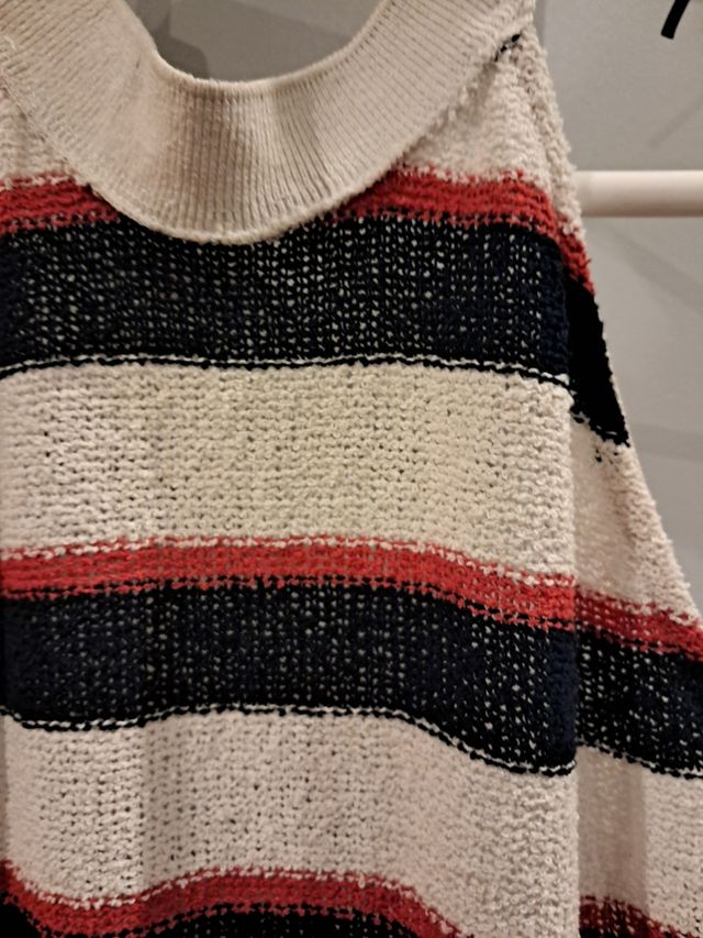 Vestido rayas beige, rojo y azul marino 