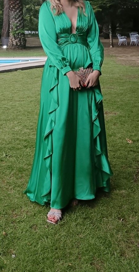 Vestido largo satin verde esmeralda