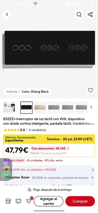 Interruptor táctil BSEED Wifi 3Gang