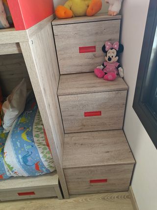 Cama litera infantil madera, roja y beige